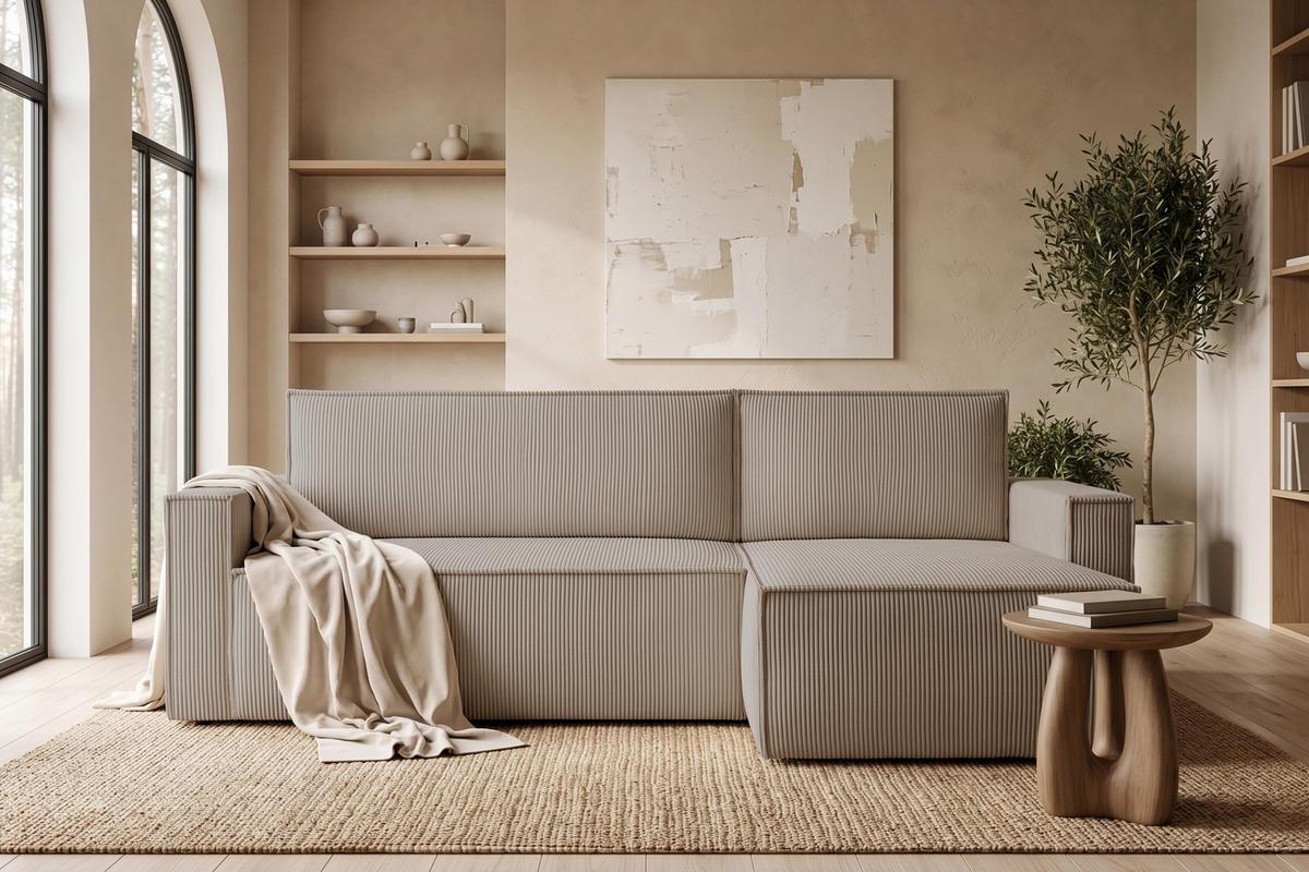 ECKSOFA-LINKS/RECHTS NAPI Schlaffunktion mit Cordbezug, Beige - Beige/Schwarz, Textil (246/148cm) - KONSIMO®