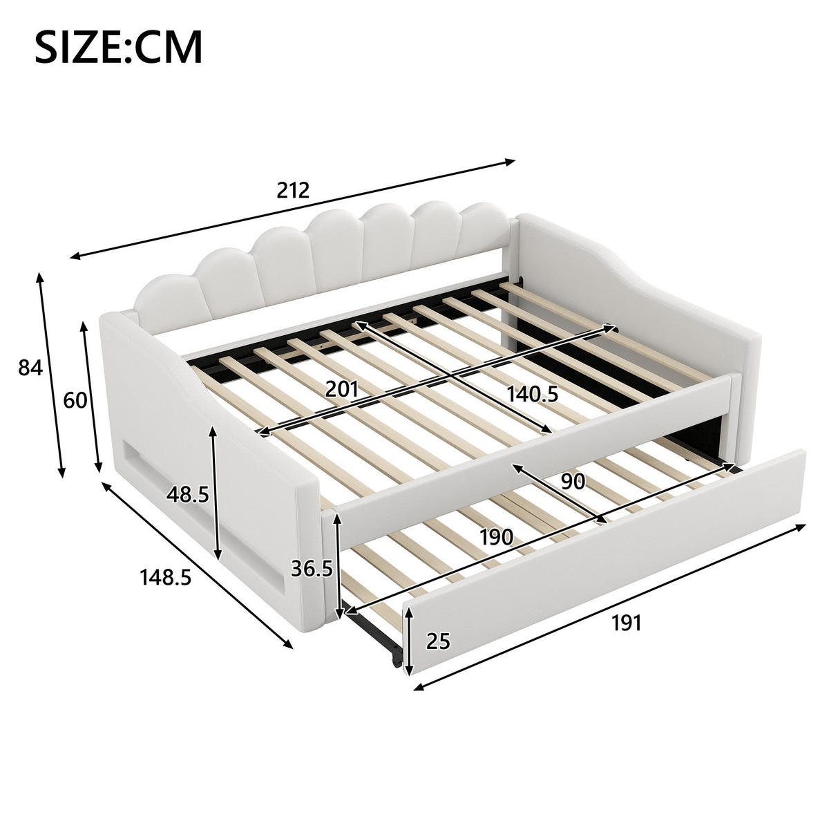 DENNÁ posteľ 140/200 cm béžová z MDF a preglejky s ľanovým čalúnením LED osvetlením a výsuvným lôžkom - béžová, kompozitné drevo (140/200cm) - OKWISH