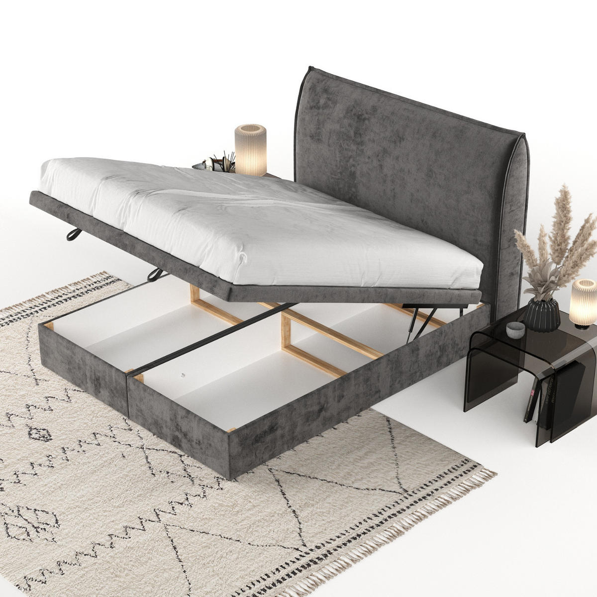 POLSTERBETT Tuvalu mit Stauraum 180/200 cm Stahl im Lotta Stoff - Schwarz/Graphitfarben, Holz/Holzwerkstoff (180/200cm) - AltaBeds