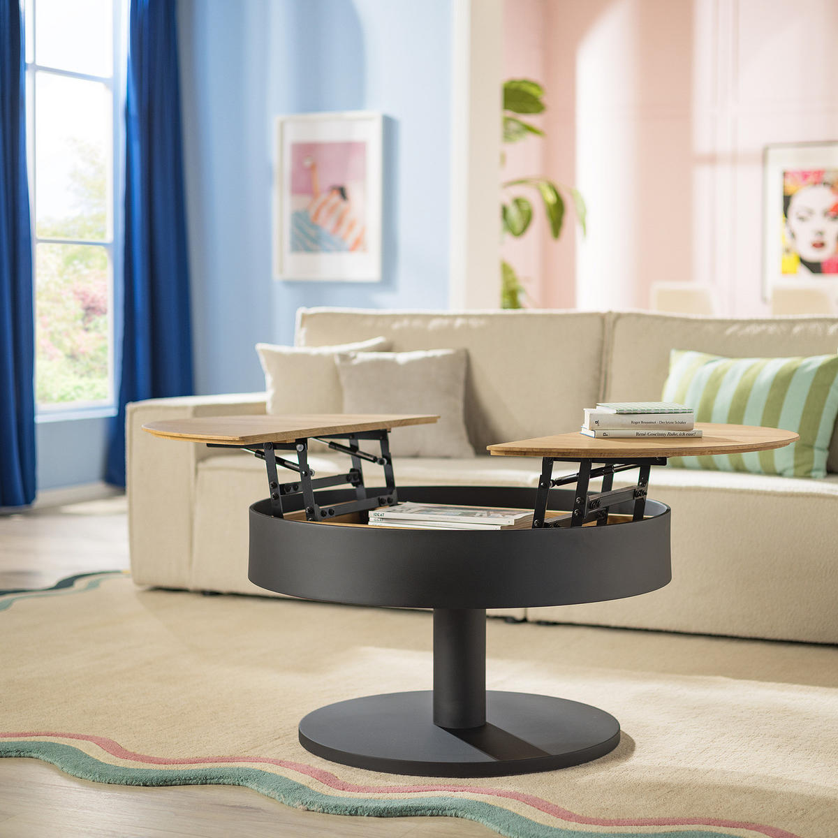 FUNKTIONALER COUCHTISCH - Eiche Dekor / Schwarz - Schwarz/Braun, Holzwerkstoff/Metall (79/79/45cm) - home24