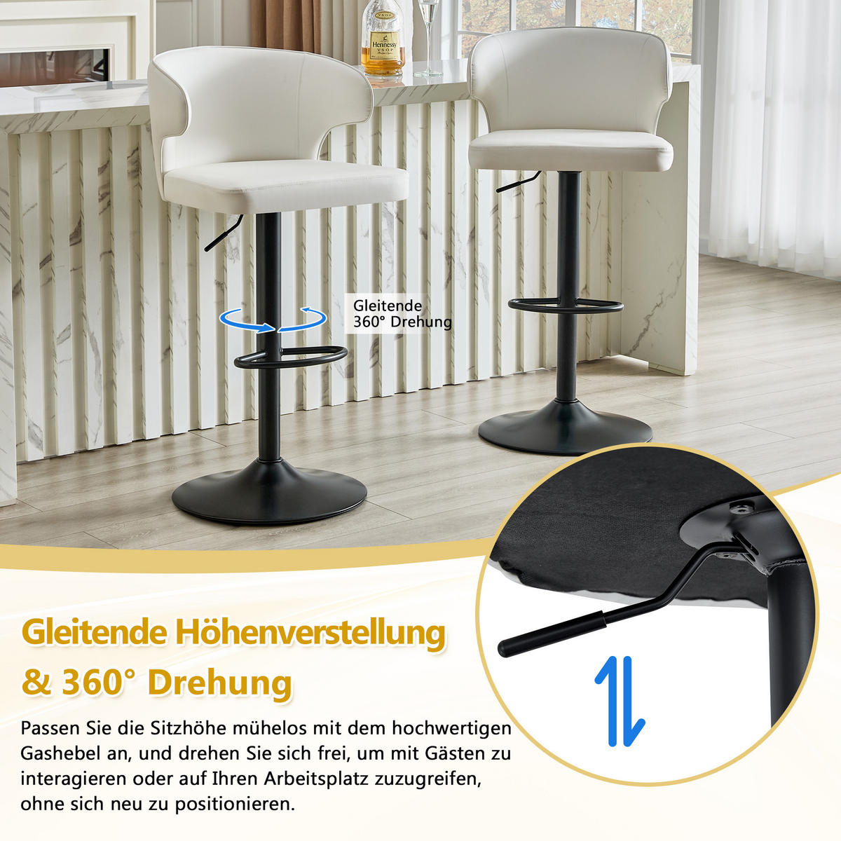 BARHOCKER DE-36727 2er-Set höhenverstellbar mit 360°-Drehung und PU Schwarz - Weiß, Metall (45/110/49.7cm) - ComfortXL