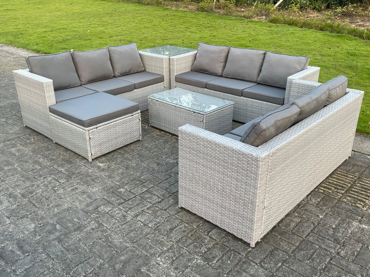 GARTENMÖBEL SET Polyrattan Helles Grau 10-Sitzer - Hellgrau, Metall - Fimous