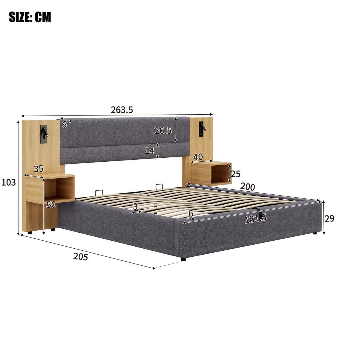 POLSTERBETT 180/200 cm aus Samt mit USB, Beleuchtung, Stauraum und 2 Nachttischen Grau/Natur - Grau, Textil (180/200cm) - Modenvie