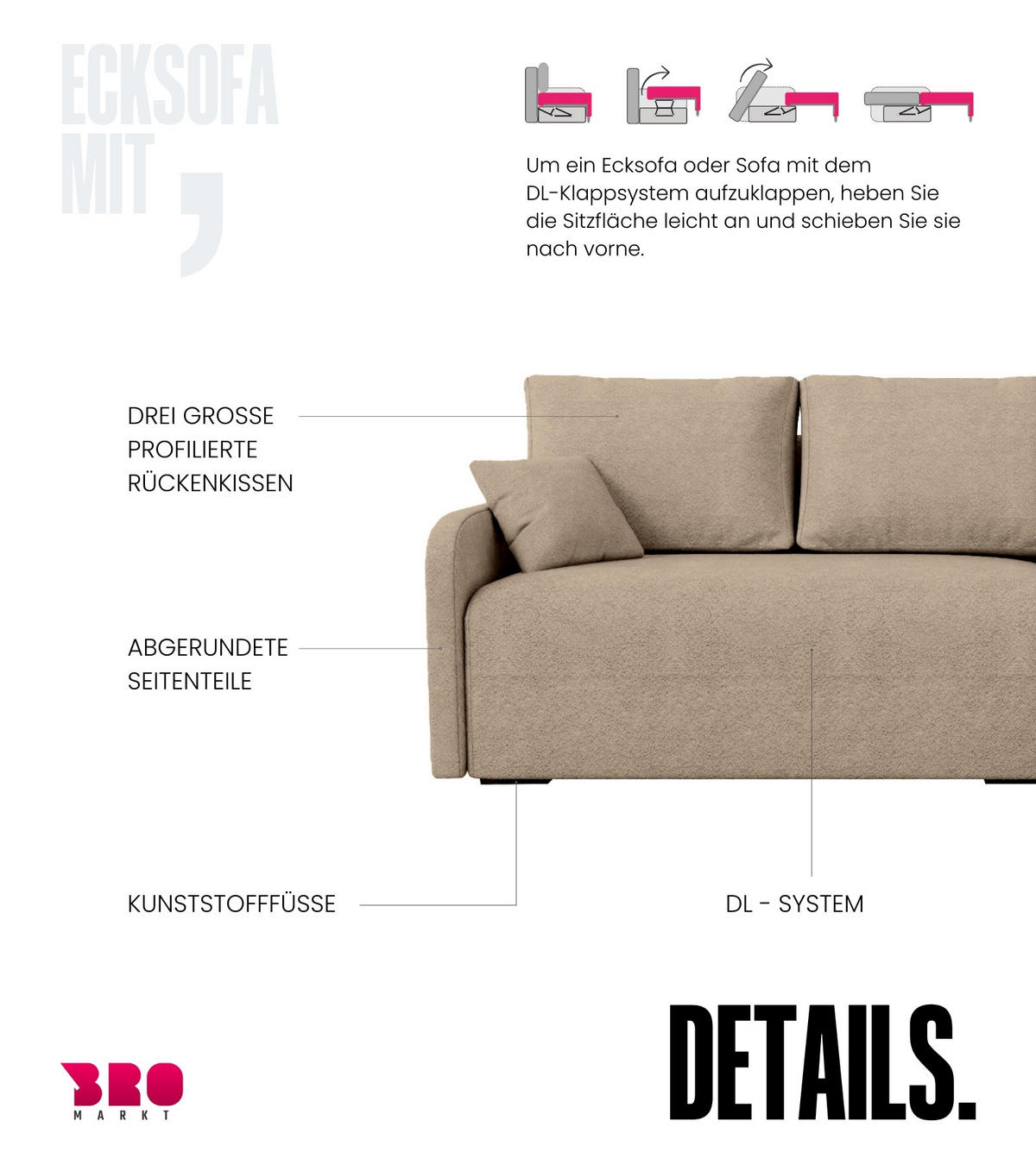 ECKSOFA Malen mit Schlaffunktion Beige Bouclé - Beige, Textil (215/141cm) - Bromarkt