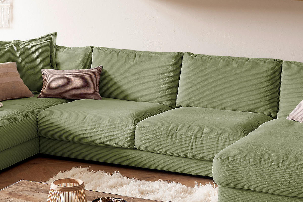 WOHNLANDSCHAFT MADELINE Dunkelgrün Cord - Dunkelgrün/Schwarz, Kunststoff/Textil (425/86/224cm) - KAWOLA