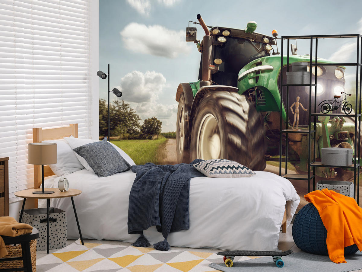 FOTOTAPETA Jazdiaci Traktor Stromy Vegetácia Poľnohospodárstvo 300 x 210 cm - čierna/biela, papier (300/210cm) - Muralo