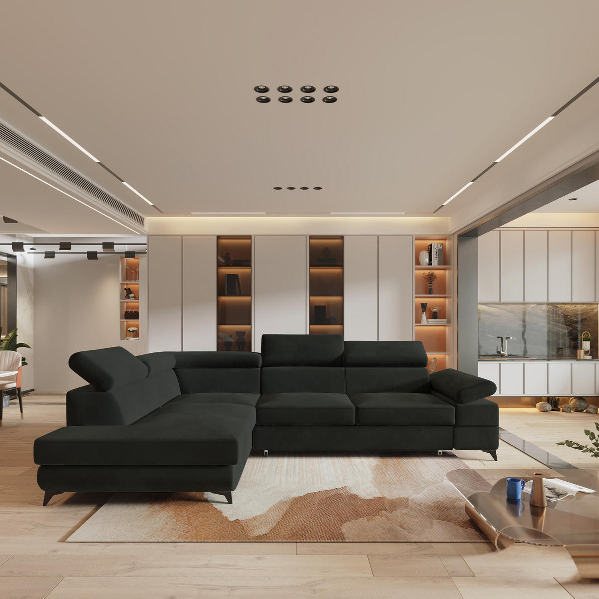 ROHOVÁ SEDAČKA FAVIEN černá - černá/antracitová, kov/dřevo (257/190cm) - MASSENO