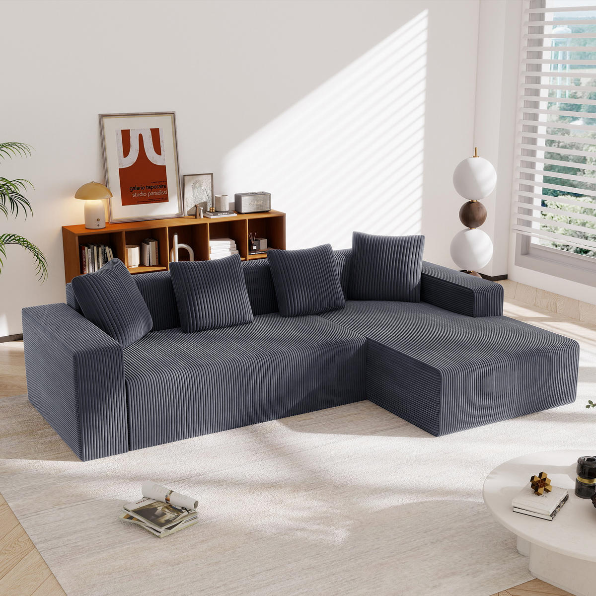 ECKSOFA 4-Sitzer Cord Grau mit Kissen - Grau, Textil (261/146cm) - WISHDOR