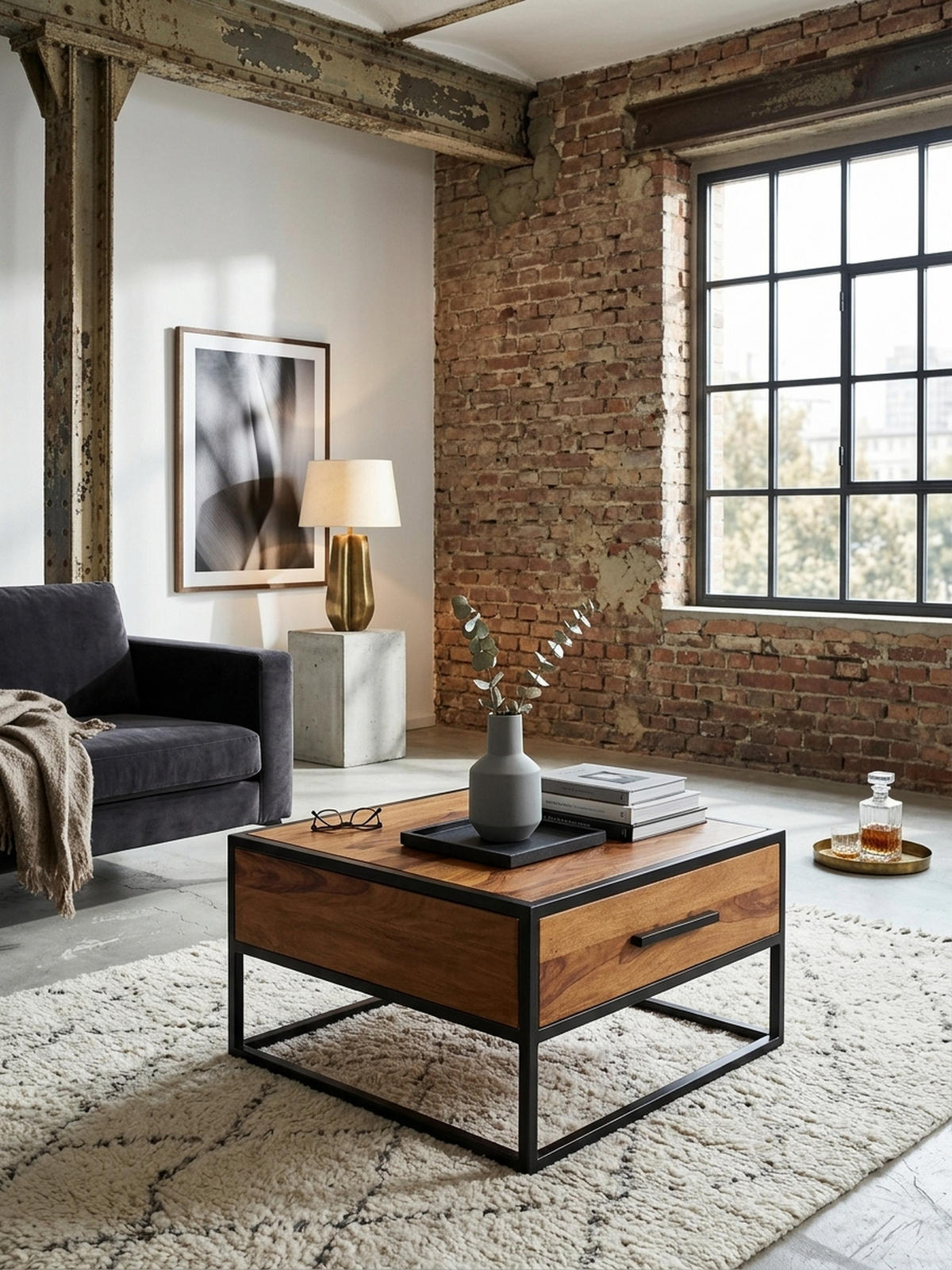 COUCHTISCH Industriestil, Metall und Holz, mit Schublade, 50 kg Tragkraft - Schwarz/Braun, Holz/Metall (65/65/38cm) - KADIMA DESIGN