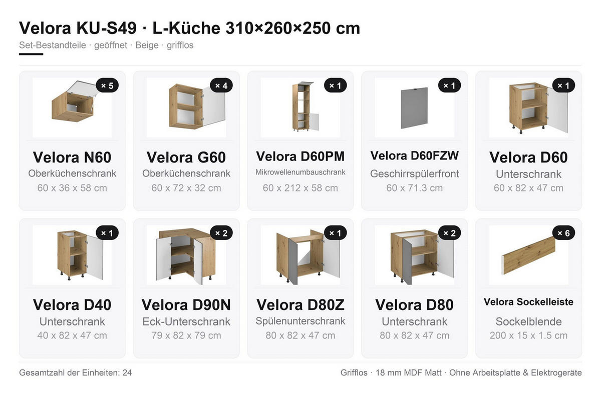 U-KÜCHE 310 x 260 x 250 cm VELORA – KU-S49 – Beige - Beige, Holzwerkstoff (310/248/260cm) - hi-markt