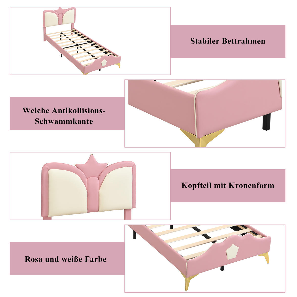 KINDERBETT 90/200 cm aus PU mit Kronen-Kopfteil und weicher Polsterung, Rosa/Weiß - Rosa, Kunststoff (90/200cm) - Redom