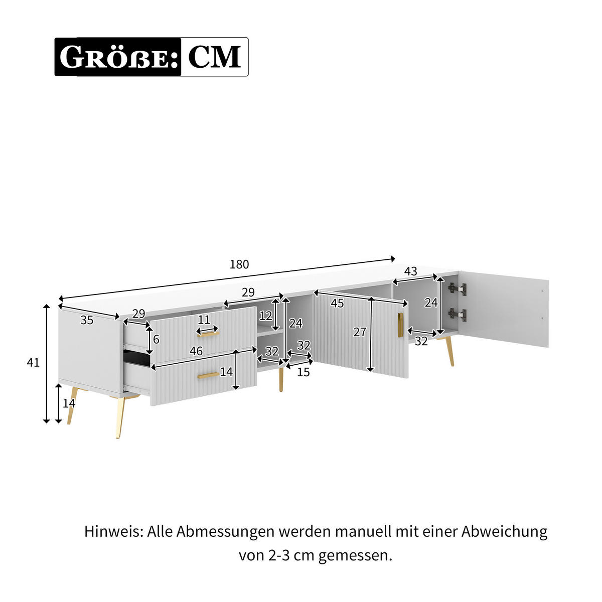 LOWBOARD DE-40109 mit Rillenfront und goldenen Metallbeinen Weiß - Weiß, Holzwerkstoff (180/44/35cm) - ComfortXL