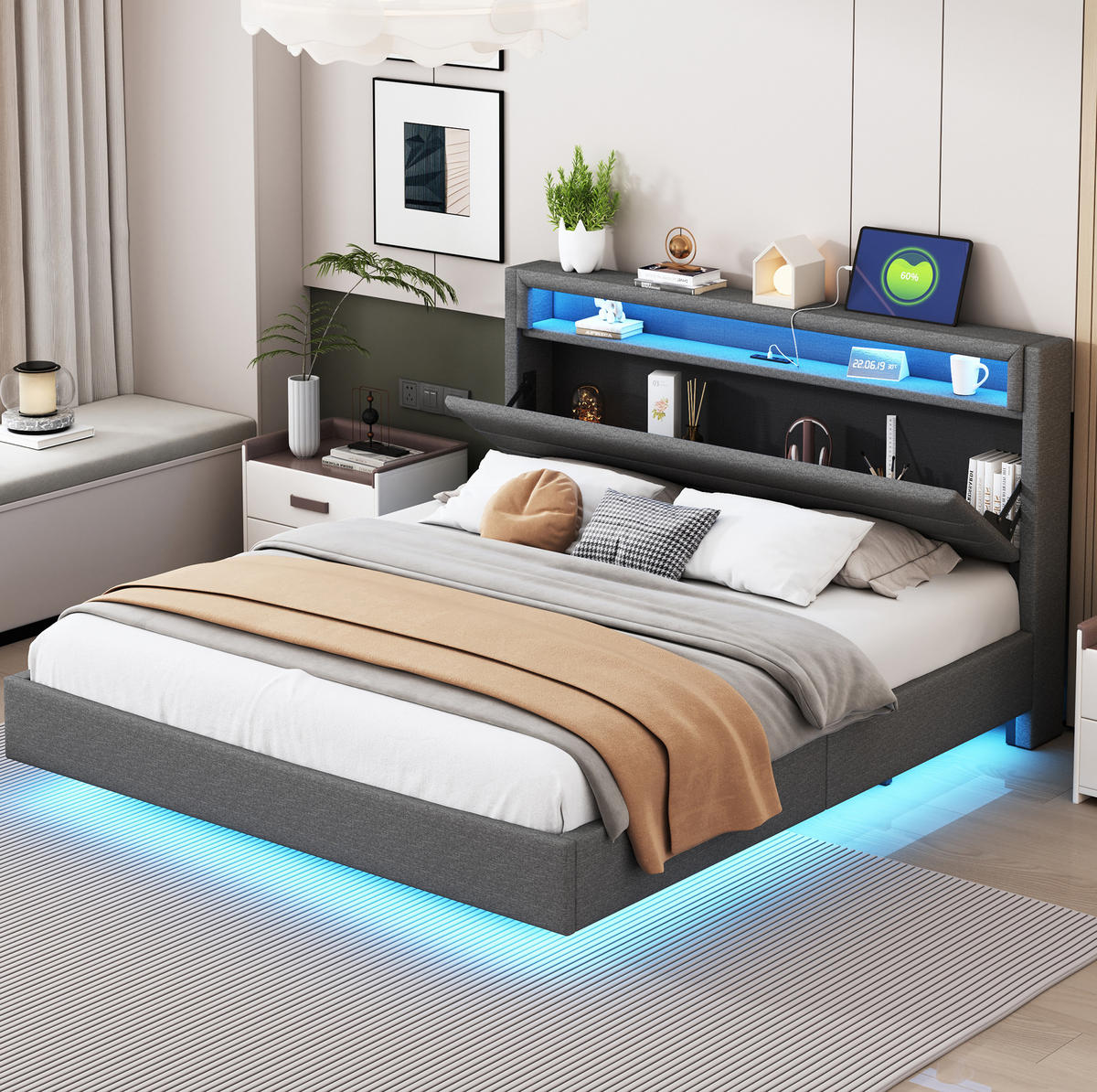 POLSTERBETT 160/200 cm Grau mit LED-Beleuchtung und USB-Anschluss - Grau, Textil (160/200cm) - Flora Grace