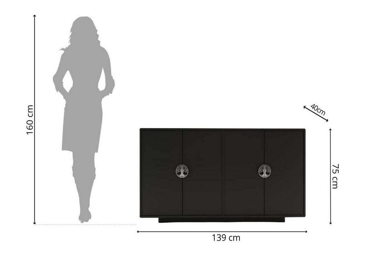SIDEBOARD Lotta, Schwarz, Silberne Griffen, Abgerundete Kanten - Schwarz, Holzwerkstoff (139/75/40cm) - Dancan