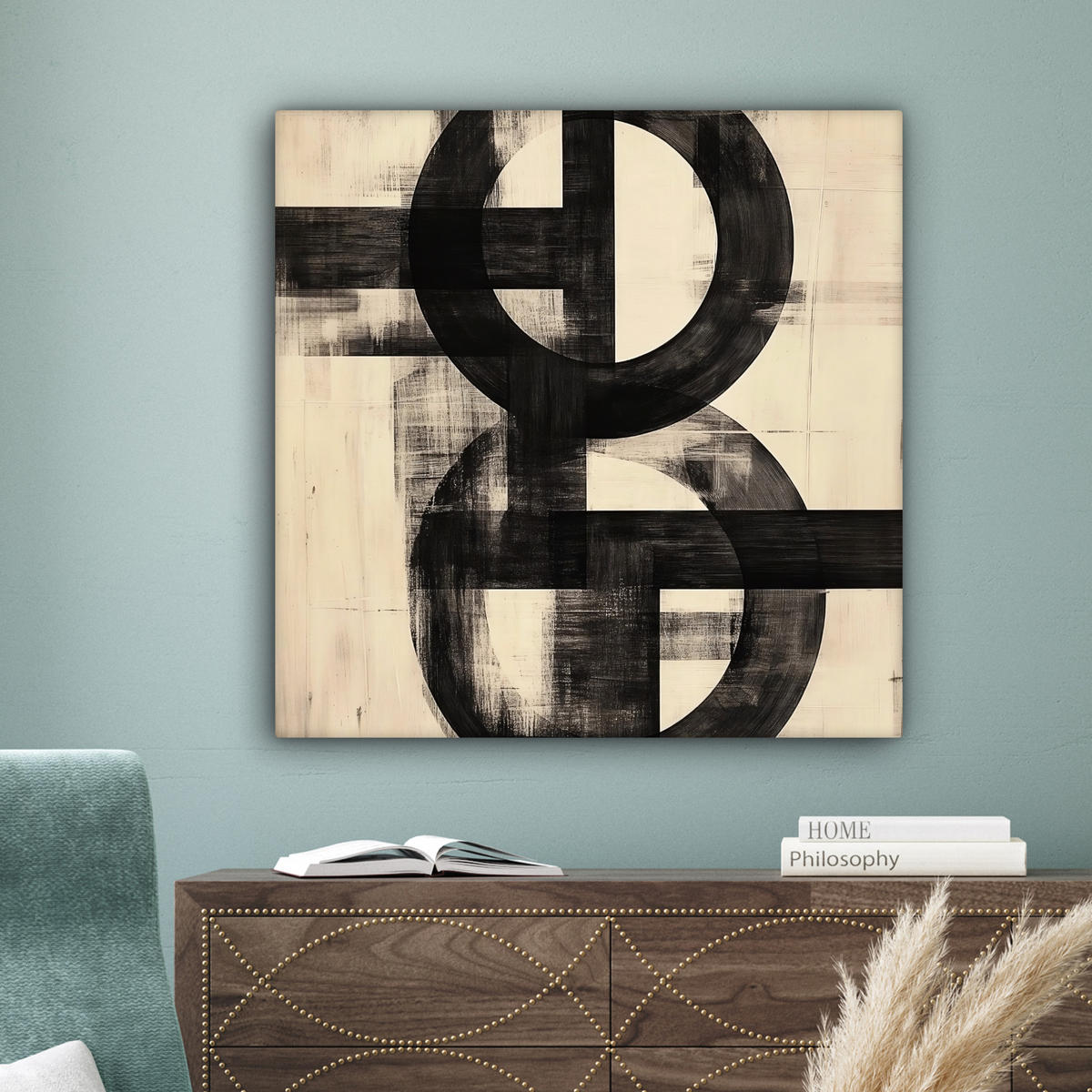 LEINWANDBILD Kreise - Balken - Schwarz - Abstrakt Deko Groß 90x90 cm - Schwarz, Textil (90/90cm) - MuchoWow