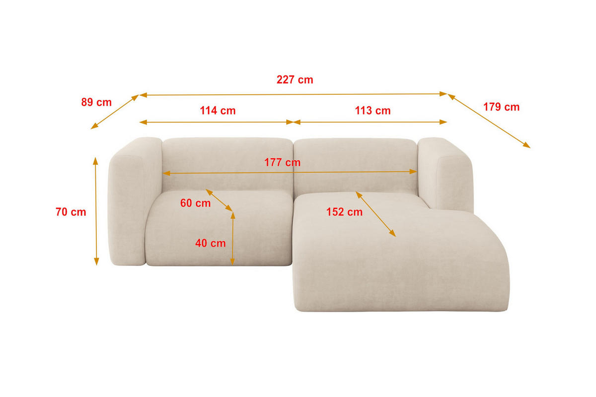 ECKSOFA Ottomane Rechts MIRA-L1 227x179x89 Beige Velours - Greige/Beige, Holzwerkstoff/Kunststoff (227/179cm) - ALTDECOR