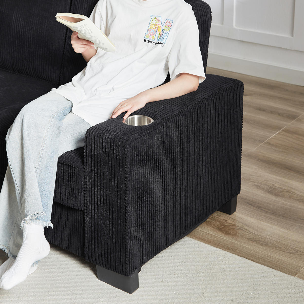 SOFA 3-Sitzer 206 cm Schwarz mit Getränkehaltern - Schwarz, Holzwerkstoff (206/86/72cm) - Meubliv