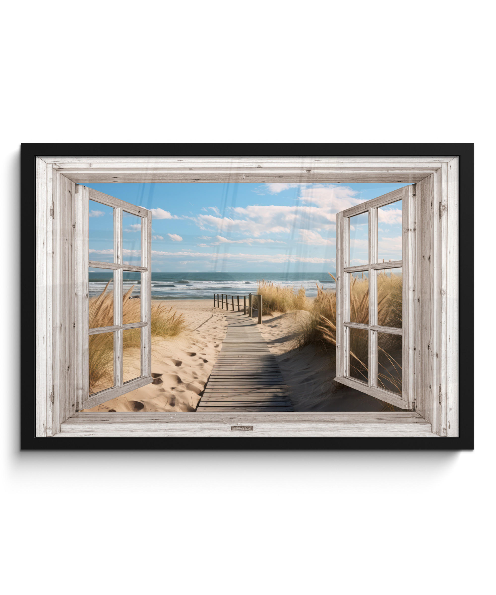 POSTER MIT RAHMENGERAHMTES BILD - Fenster - Meer - Küste - Natur - Ausblick - Strand - Wattenmeer - 60x40 cm - Beige, Papier (60/40cm) - MuchoWow