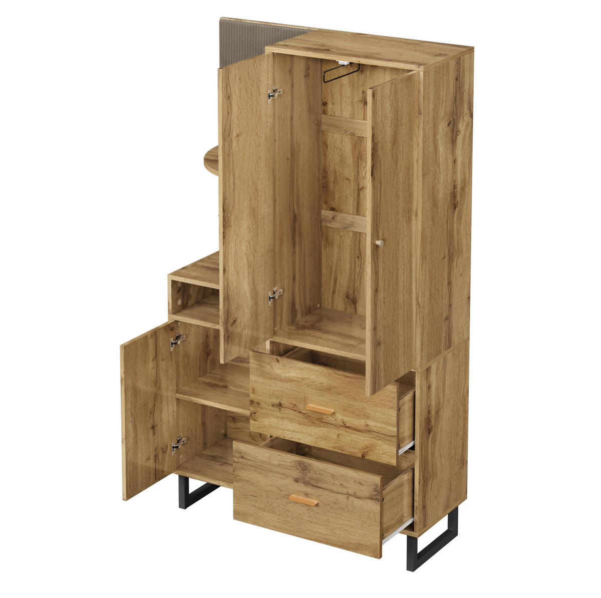 STANDGARDEROBE 110/38/186 cm in Natur/Schwarz mit Kleiderstange und Schubladen - Naturfarben, Holzwerkstoff (110/186/38cm) - BEAOK