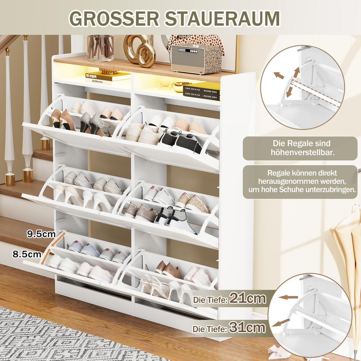 SCHUHSCHRANK Modern mit LED Weiß Natural 120x24x130cm - Multicolor, Holzwerkstoff (24/130/120cm) - FLIEKS