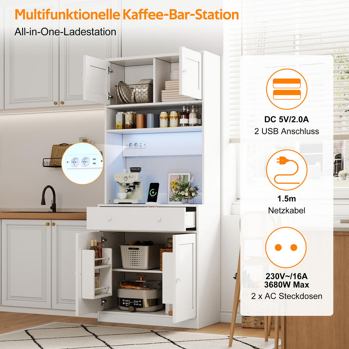 BUFFET DE-38753 72/40/180 cm LED-Beleuchtung und große Schublade Weiß - Weiß, Holzwerkstoff (72/180/40cm) - ComfortXL