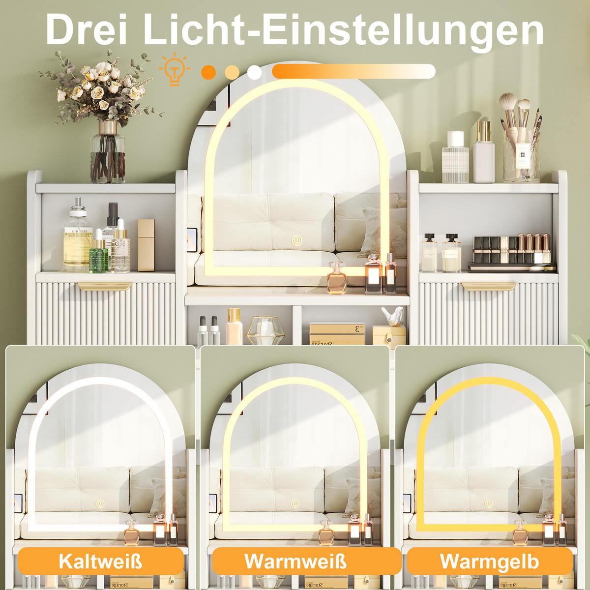 SCHMINKTISCH Weiß LED Spiegel 3 Schubladen 120x40x139.5cm - Weiß, Holzwerkstoff (40/139.5/120cm) - FLIEKS