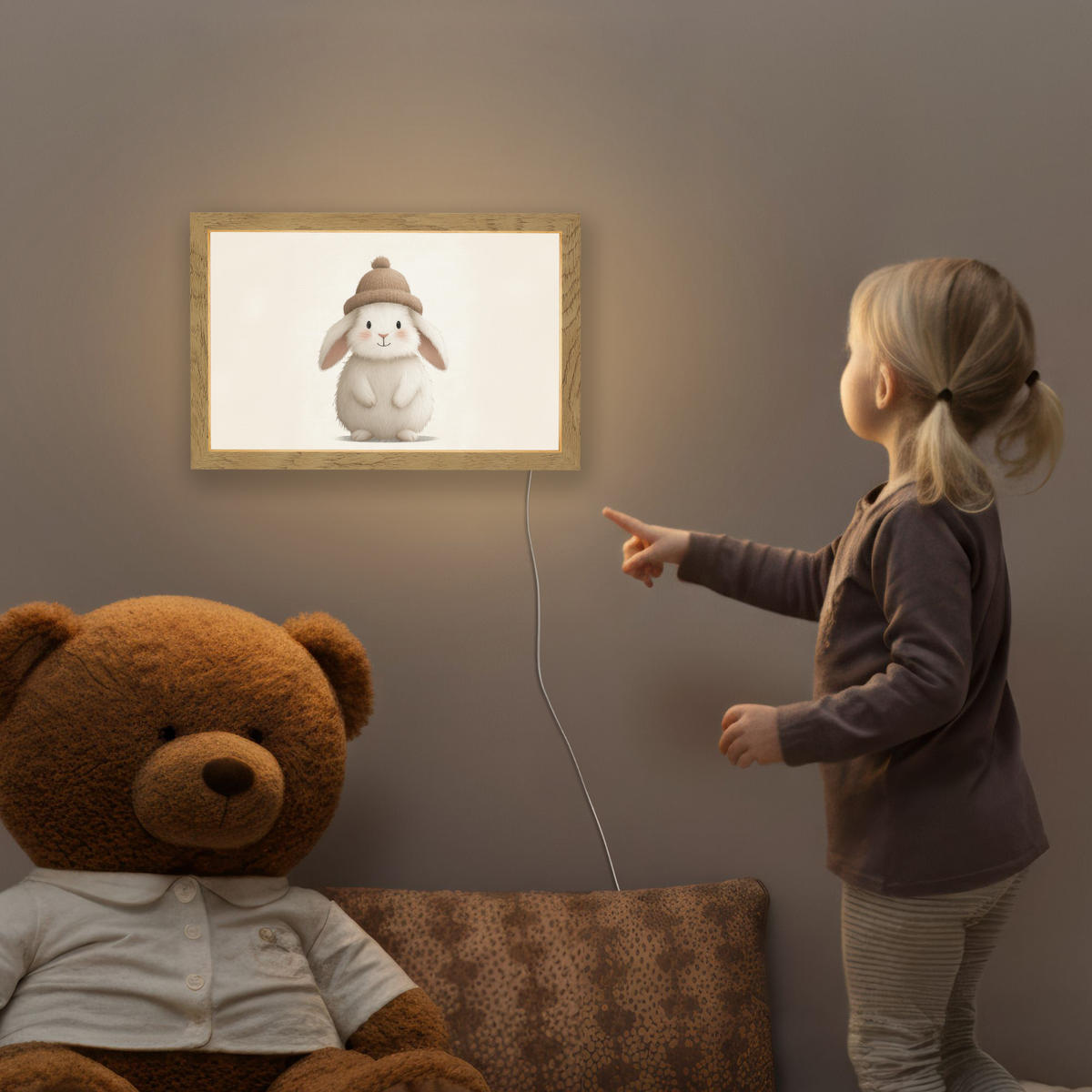 NACHTTISCHLAMPE Kaninchen - Hut - Ohren - Beige 30x20 cm - Creme, Holzwerkstoff (8/30/20cm)