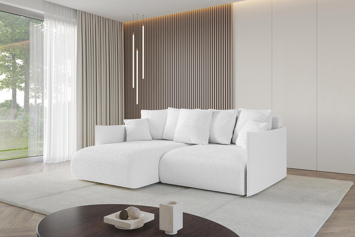 ECKSOFA mit Schlaffunktion und Bettkasten ONESK-L 208x165x40 Weiß Bouclé - Weiß, Holzwerkstoff/Kunststoff (208/165cm) - ALTDECOR