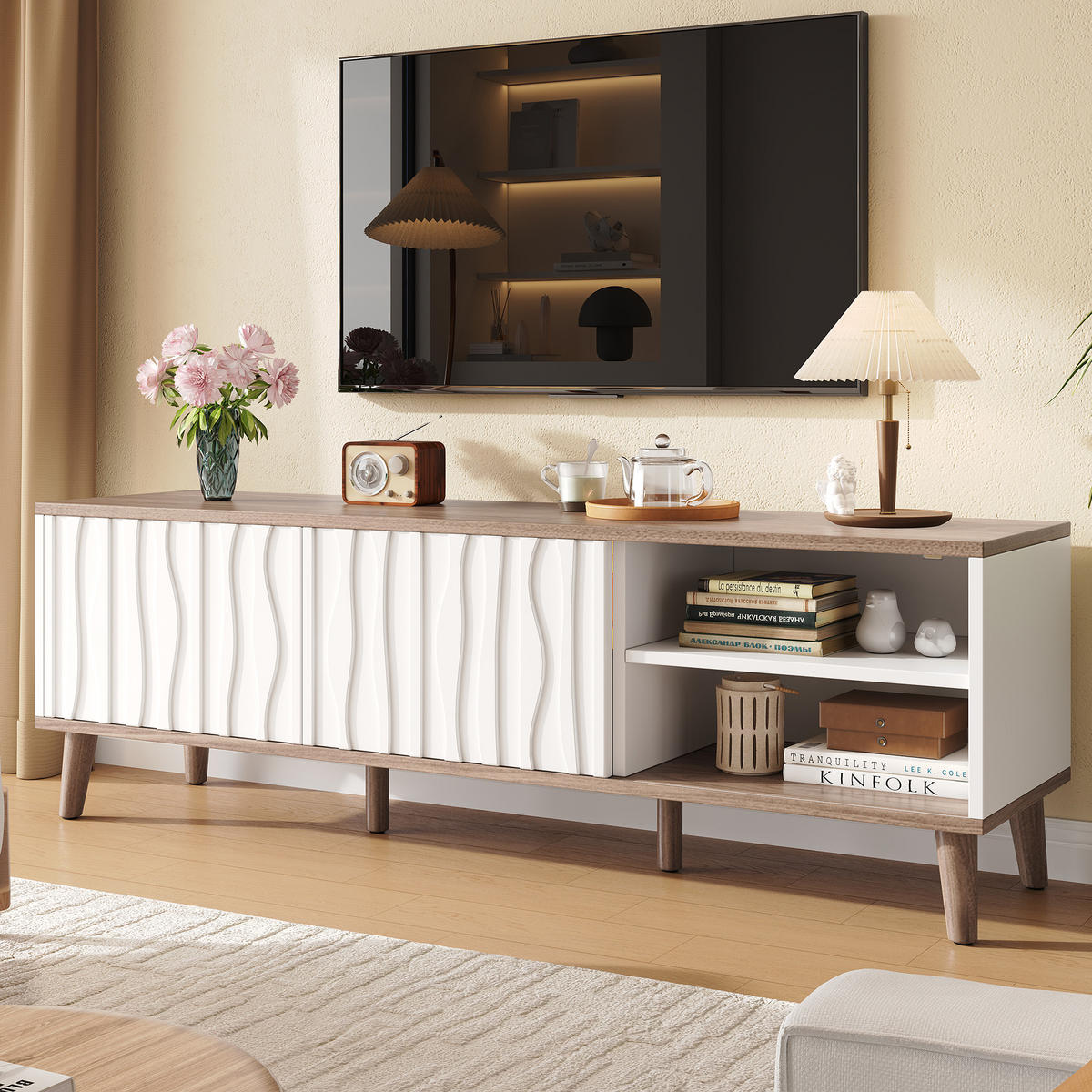 TV-ELEMENT 160/40/52 cm Weiß + Dunkles Walnuss mit 1 Schublade und Schiebetür - Weiß, Holz (160/52/40cm) - Oxeza