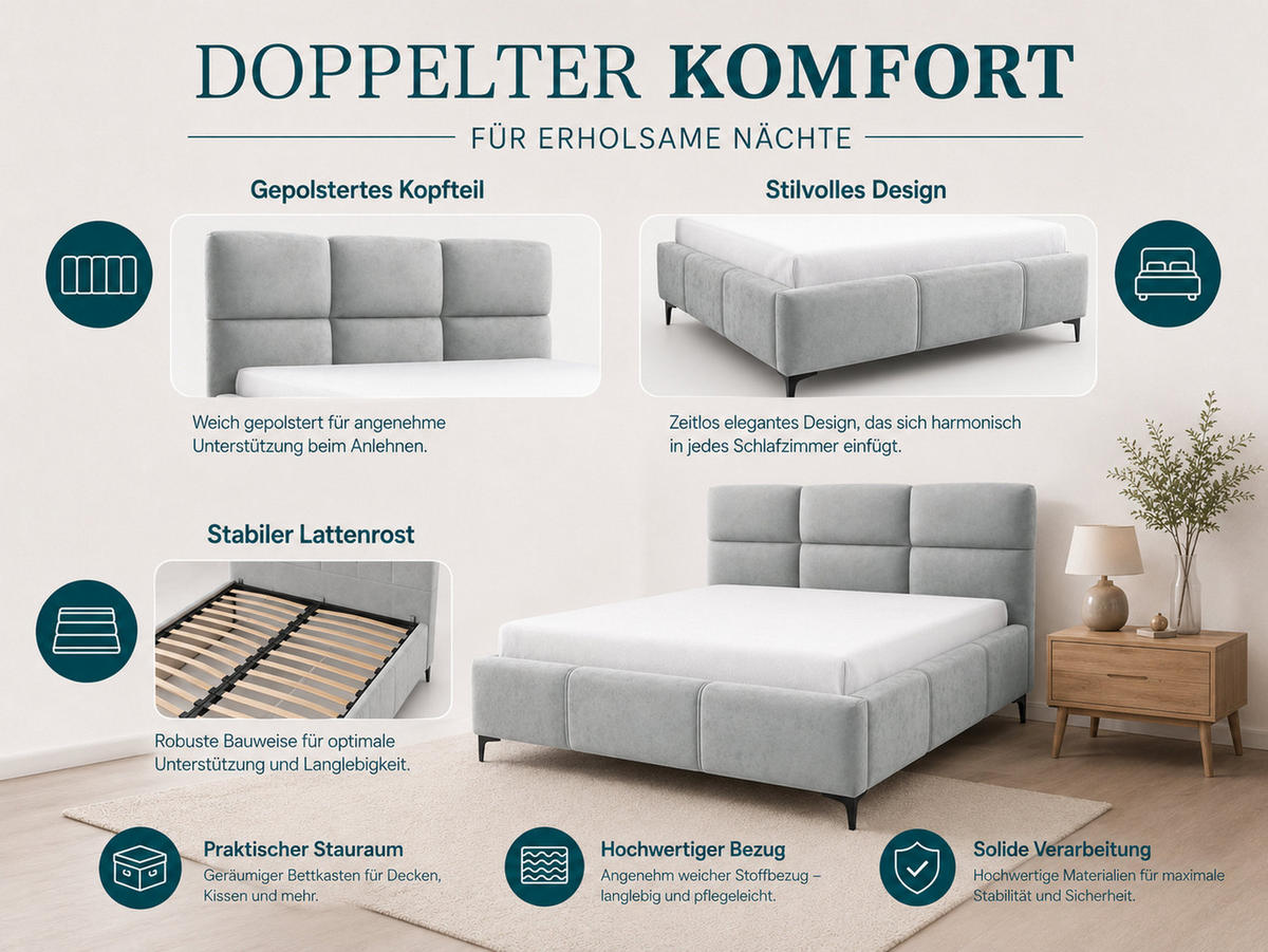 POLSTERBETT SENTO, 180x200 cm, Doppelbett mit Bettkasten, Velourstoff, Frabe: Beige - Beige, Holz/Textil (180/200cm)