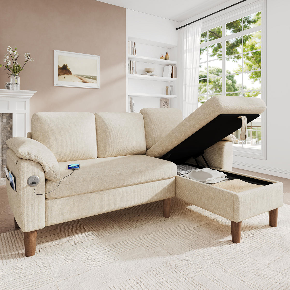 ECKSOFA 181/125/88 cm Beige mit Stauraum-Chaiselongue und USB/Type-C-Ladeanschluss - Beige, Textil (181/125cm) - Oxeza