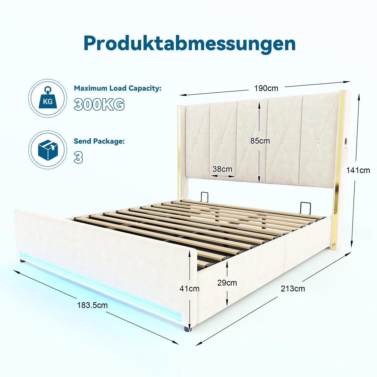 POLSTERBETT 180/200 cm Beige mit LED-Beleuchtung und hydraulische Speicherfunktion - Beige, Textil (180/200cm) - Oxeza