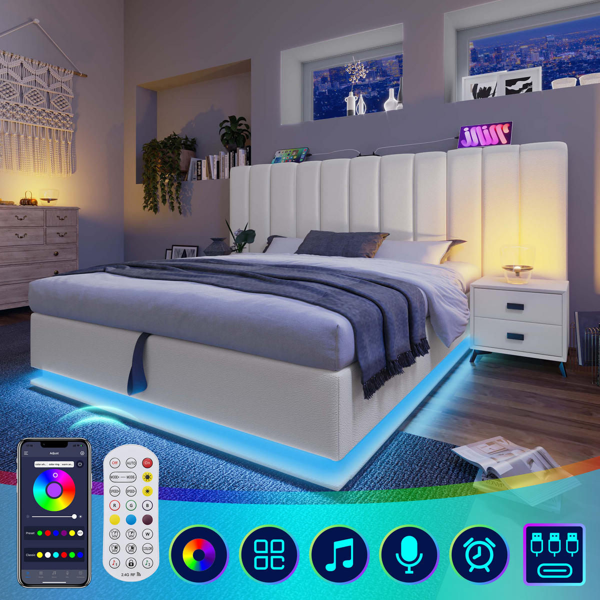 POLSTERBETT 160/200 cm Weiß aus PU mit Stauraum und LED - Weiß, Kunststoff (160/200cm) - OKWISH