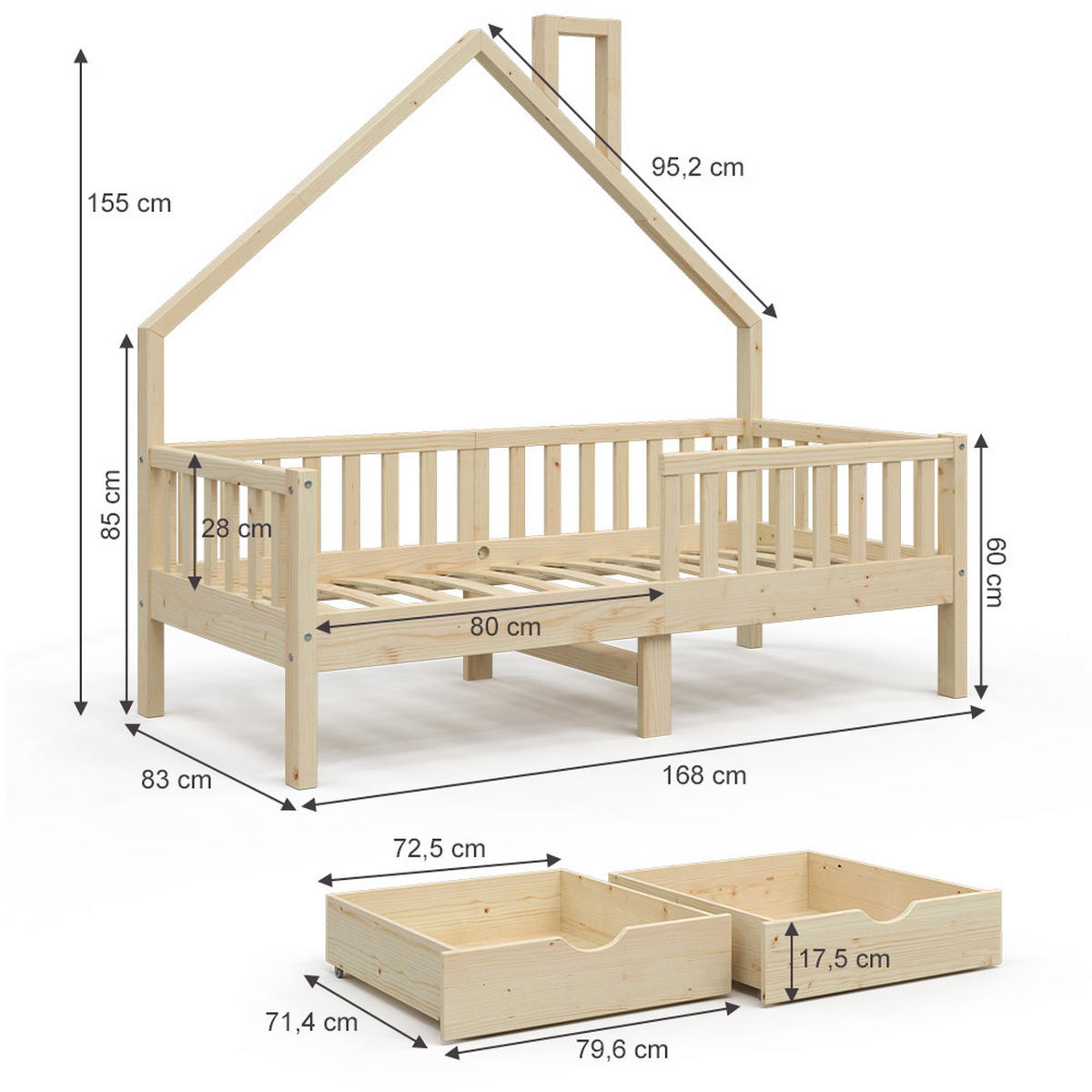 HAUSBETT Noemi Naturholz 80x160 cm mit 2 Schubladen - Naturfarben, Holz (80/160cm) - VitaliSpa