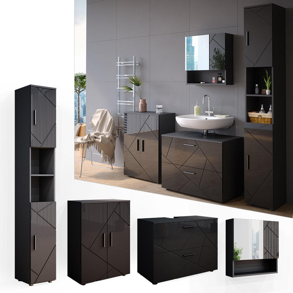 BADMÖBEL-SET Irma Anthrazit Hochglanz 4 Teile - Anthrazit, Holzwerkstoff (80/58/41cm) - Vicco