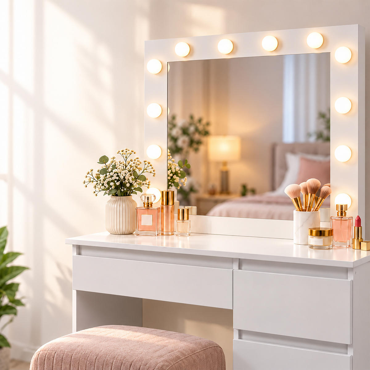 TOALETKA Bílá hollywoodské zrcadlo osvětlení 12 LED 4 zásuvky - bílá, kompozitní dřevo/sklo (94/140/43cm) - Relaxdays