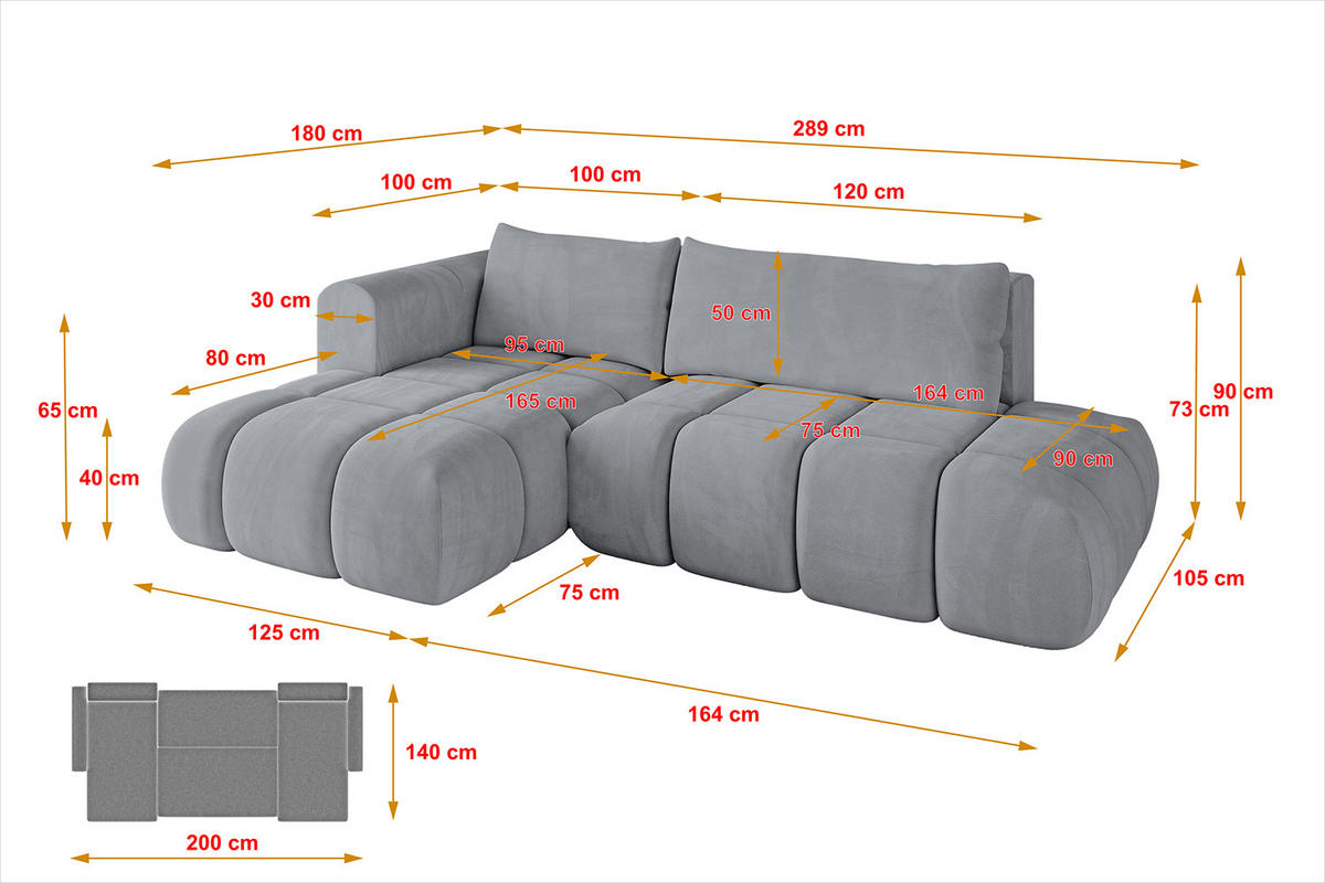 ECKSOFA Ottomane Links CLOUD-L 289x180x40 Hellgrau Velours - Hellgrau, Holzwerkstoff/Kunststoff (180/289cm) - ALTDECOR