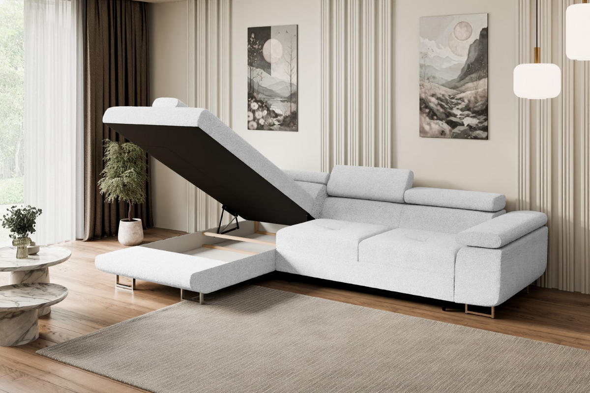 ECKSOFA mit Schlaffunktion und Bettkasten GUSA-L 272x202x107 cm Weiß Bouclé - Silberfarben/Weiß, Holzwerkstoff/Textil (202/272cm) - ALTDECOR