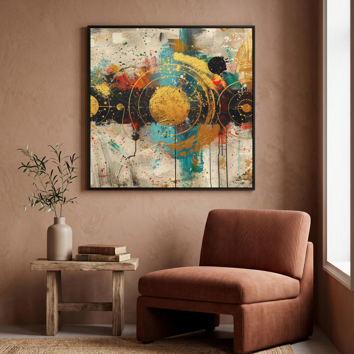 LEINWAND Bilder mit Rahmen - Abstrakt - Kunst - Gold - Modern - 90x90 - Multicolor, Textil (90/90cm) - MuchoWow