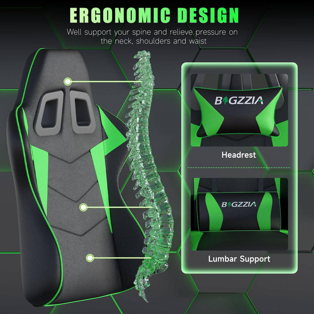 GAMING-STOLICA Zelena,Ergonomska,Podesiv Naslon,Pričvršćeni Jastuci - zelena, koža (59/120/56cm) - Rattantree