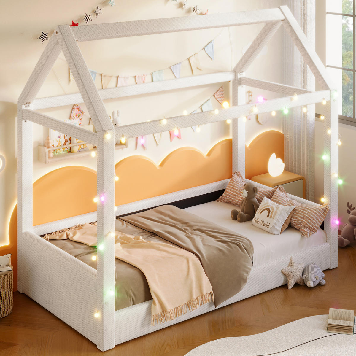POLSTERBETT 90/200 cm Beige Hausbett mit LED-Beleuchtung - Beige, Textil (90/200cm) - OKWISH