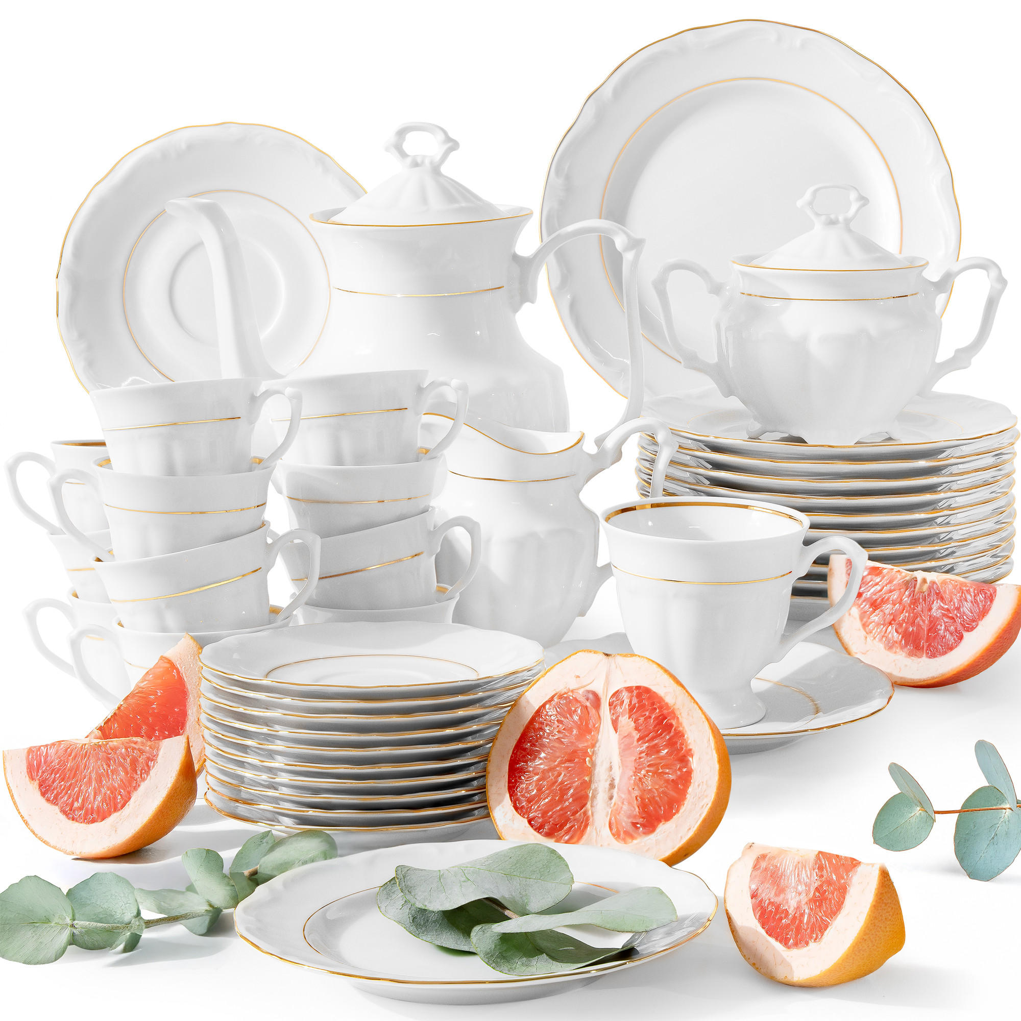 KAFFEESERVICE Chodziez MARIA TERESA 39-tlg Porzellan mit Goldrand, Weiß / Gold - Goldfarben/Weiß, Keramik (8/8/8cm) - KONSIMO®
