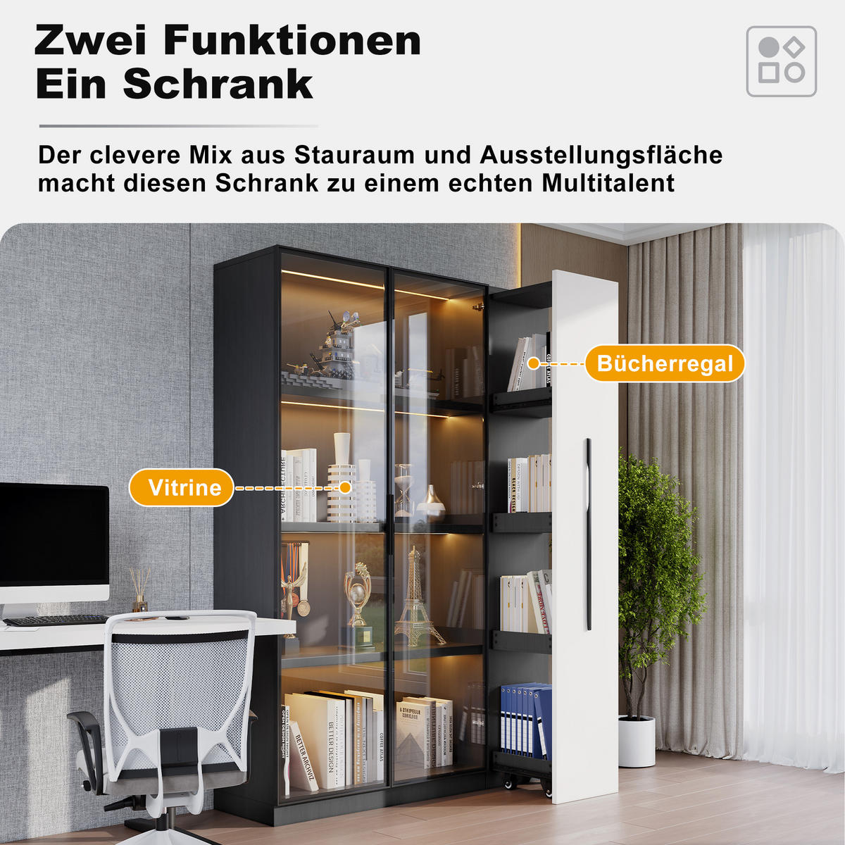 VITRINE 110,5/35/160 cm schwarz/weiß aus MDF und Glas mit LED und Seitenauszug - Schwarz, Holzwerkstoff (110.5/160/35cm) - OKWISH