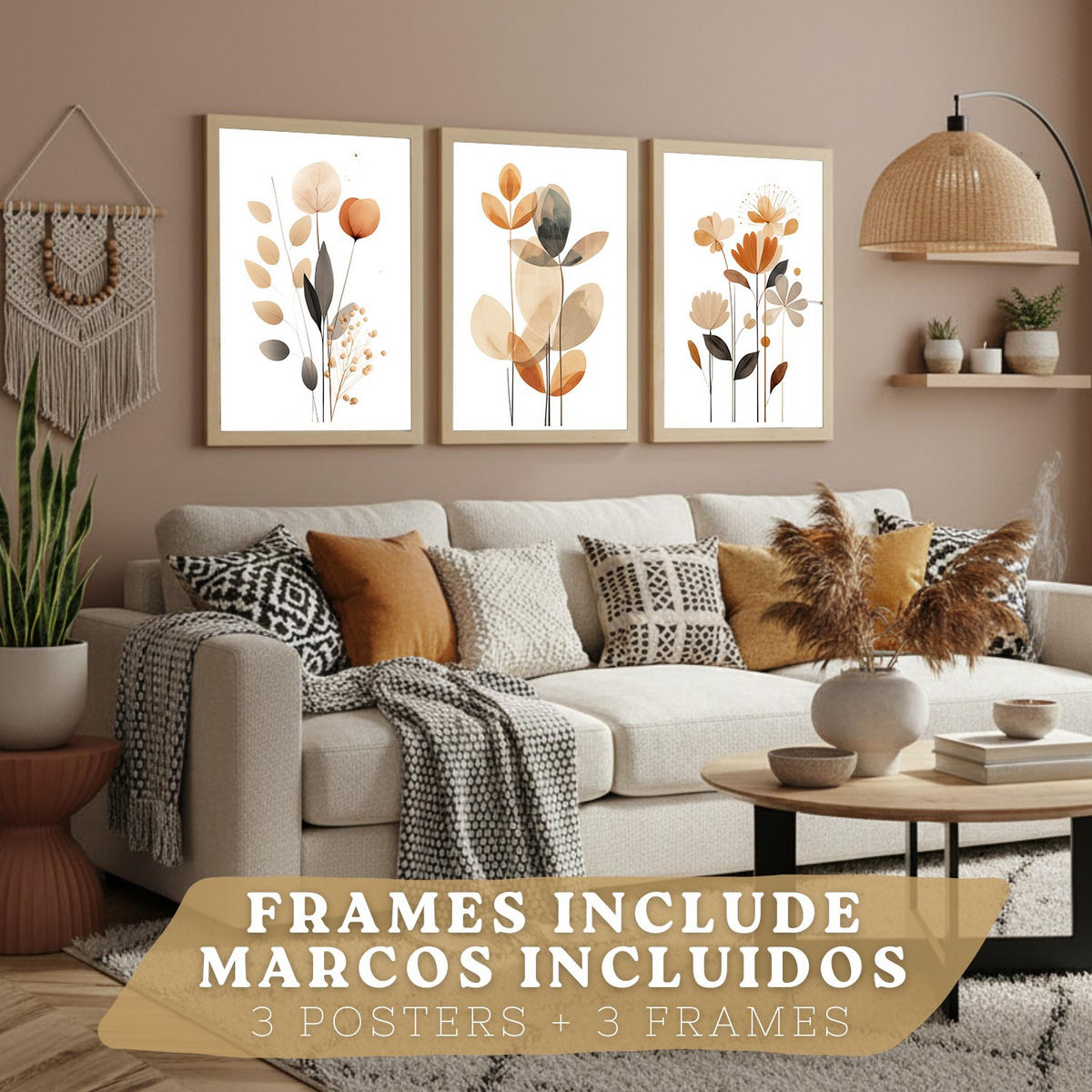 POSTER 3er-Set Wandbilder Orange Blumen modern Wohnzimmer Deko, Schlafzimmer, Küche, Badezimmer Leichter Holzrahmen A3 - Beige, Papier (29.7/1/42cm) - Nacnic