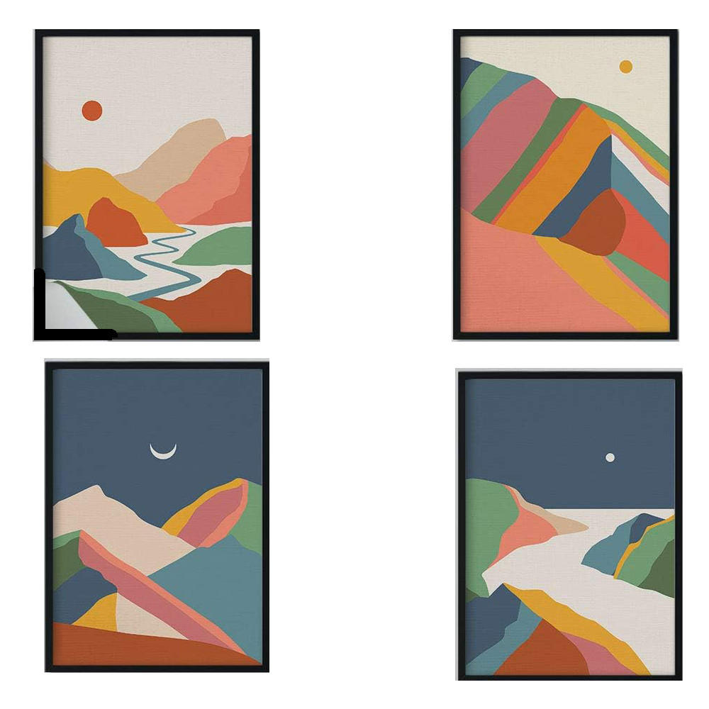 POSTER Set mit 4 bunten Motiven Nacht und Tag, Berge A3 Schwarzer Rahmen - Schwarz, Papier (29.7/3cm) - Nacnic