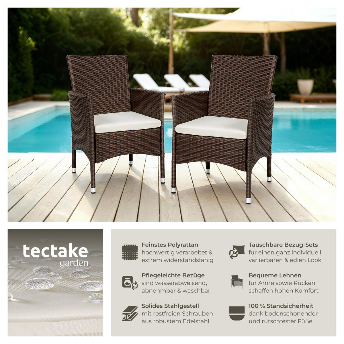 RATTANSTUHL 2er Set Nantes,59 x 57 x 85 cm,braun/beige - Beige/Braun, Kunststoff (57/85/59cm) - tectake