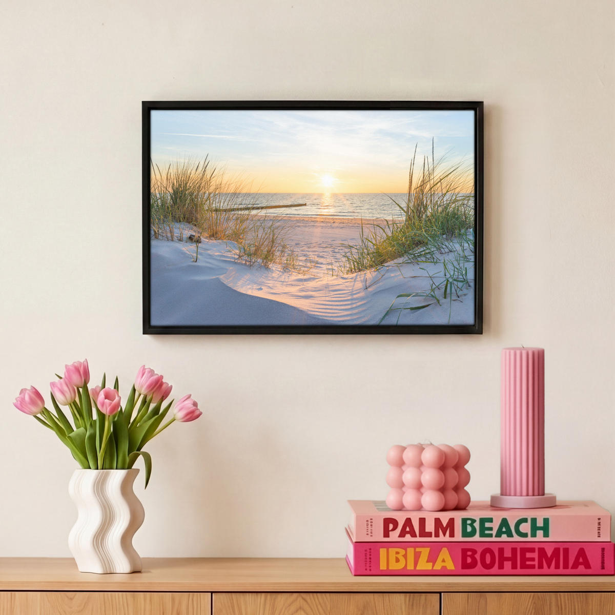 LEINWAND Bilder mit Rahmen - Strand - Sonne - Düne - Gras - Sand - Horizont - 30x20 - Hellblau, Textil (30/20cm) - MuchoWow