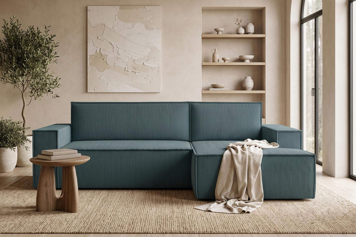 ECKSCHLAFSOFA-RECHTS NAPI in Pet Friendly Cord-Stoff, blau - Blau/Schwarz, Textil (262/148cm) - KONSIMO®