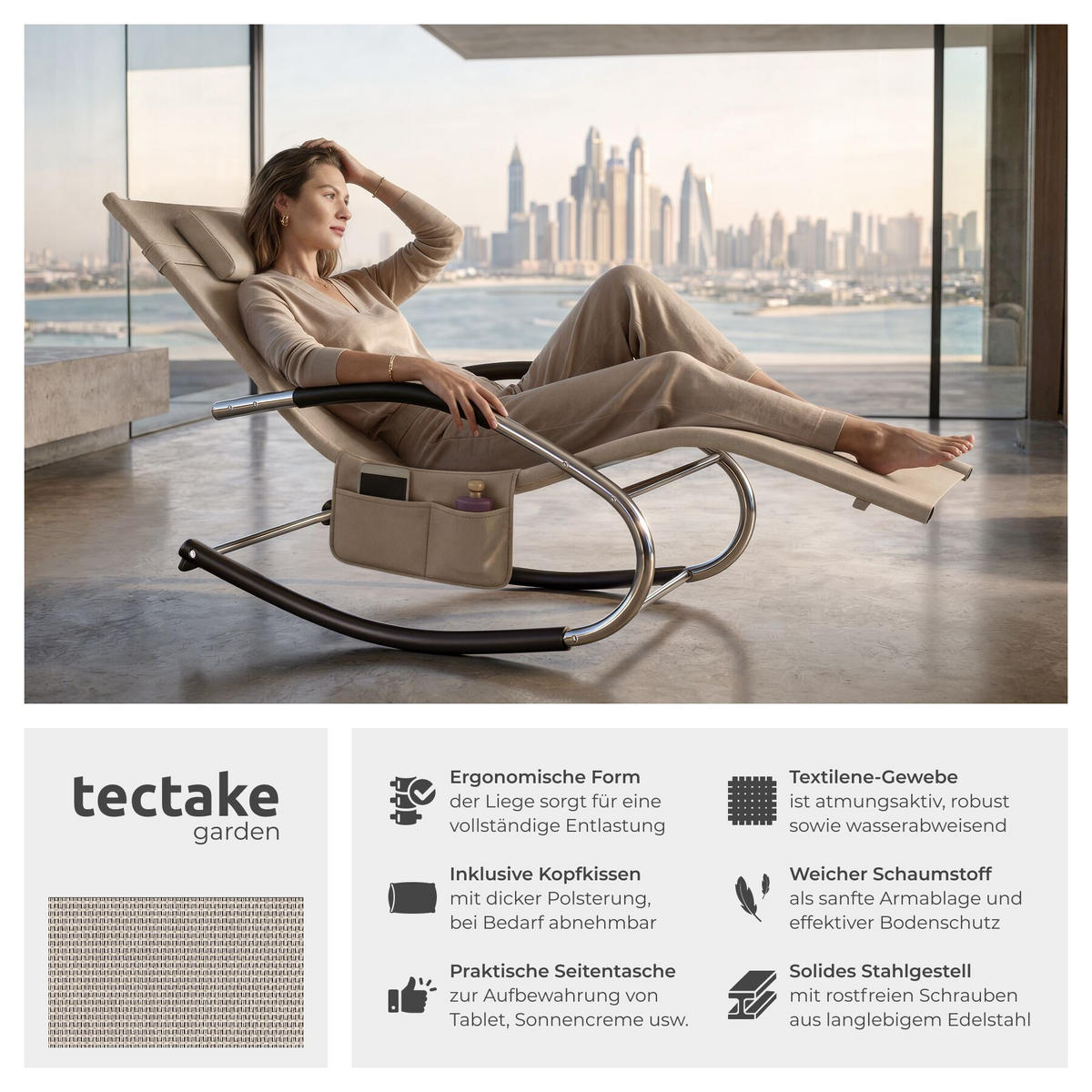 GARTENLIEGE Taya, abnehmbares Kopfpolster, seitliche Aufbewahrungstasche, beige - Beige, Kunststoff (62/92/142cm) - tectake