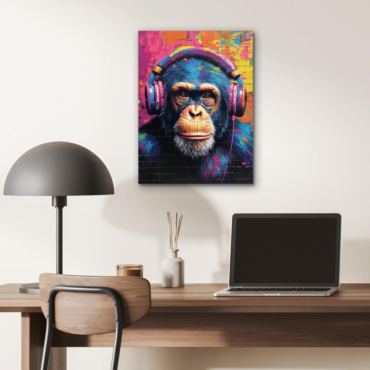 KOVOVÝ OBRAZ Graffiti - Šimpanz - Street art - Slúchadlá - Opica 30x40 cm - modrá, kov (30/40cm) - MuchoWow